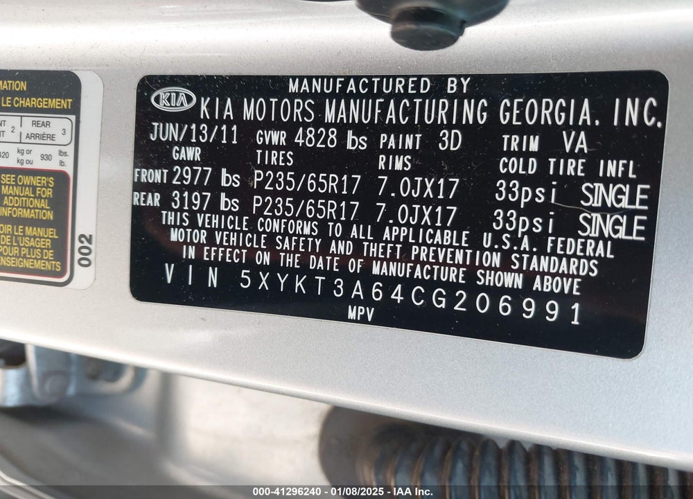 2012 KIA SORENTO LX VIN: 5XYKT3A64CG206991