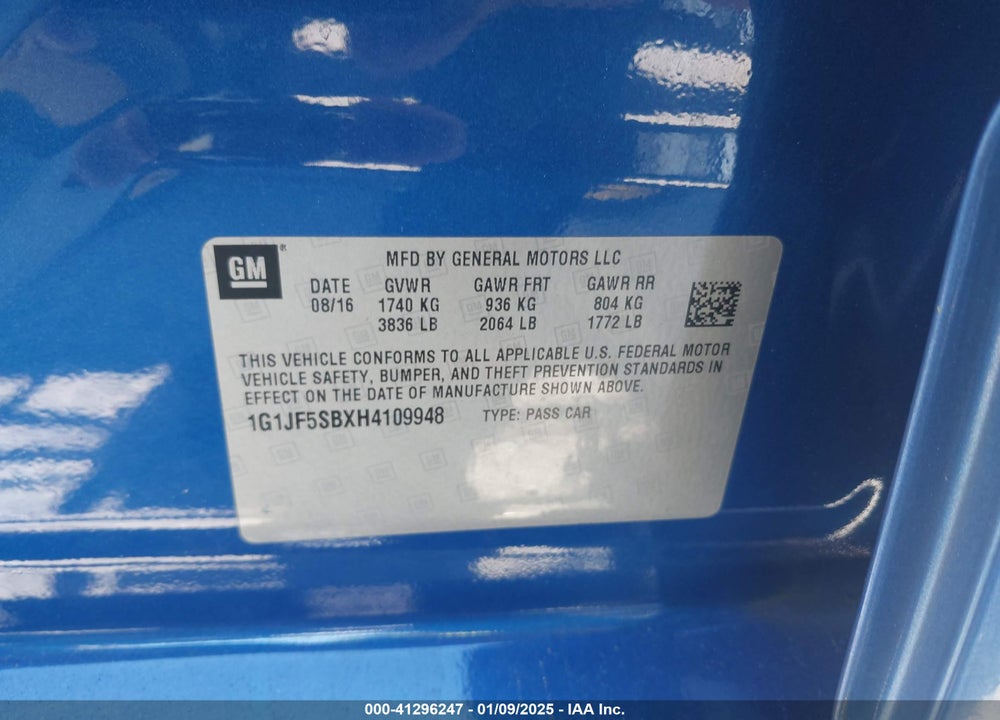 2017 CHEVROLET SONIC VIN: 1G1JF5SBXH4109948