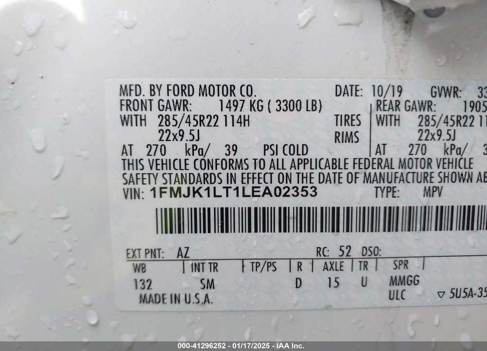 2020 FORD EXPEDITION PLATINUM MAX VIN: 1FMJK1LT1LEA02353