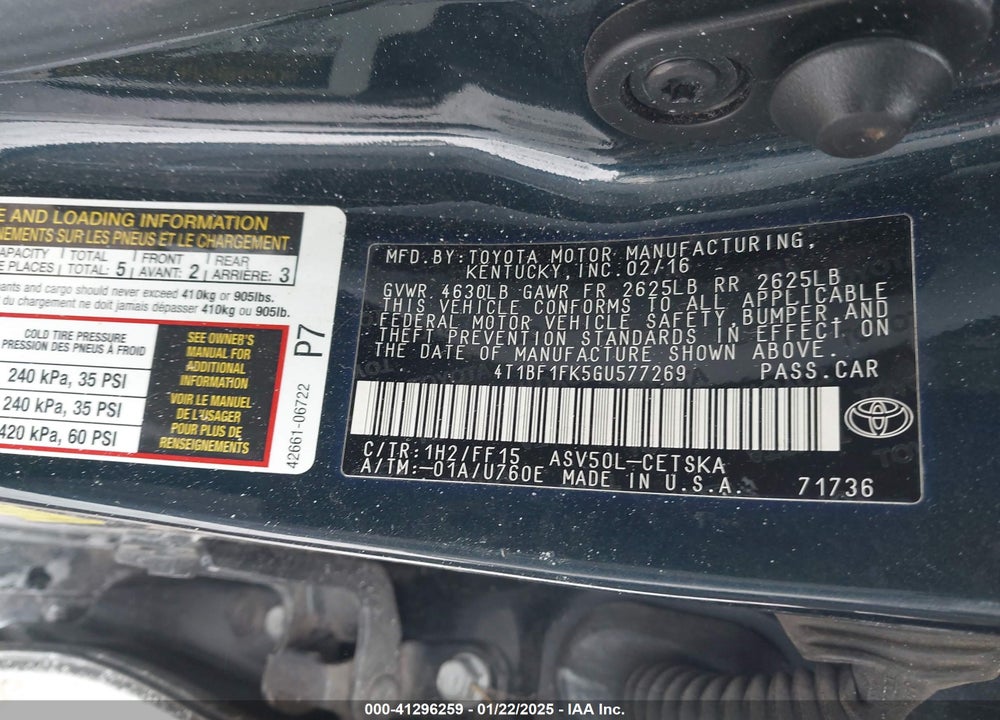 2016 TOYOTA CAMRY VIN: 4T1BF1FK5GU577269