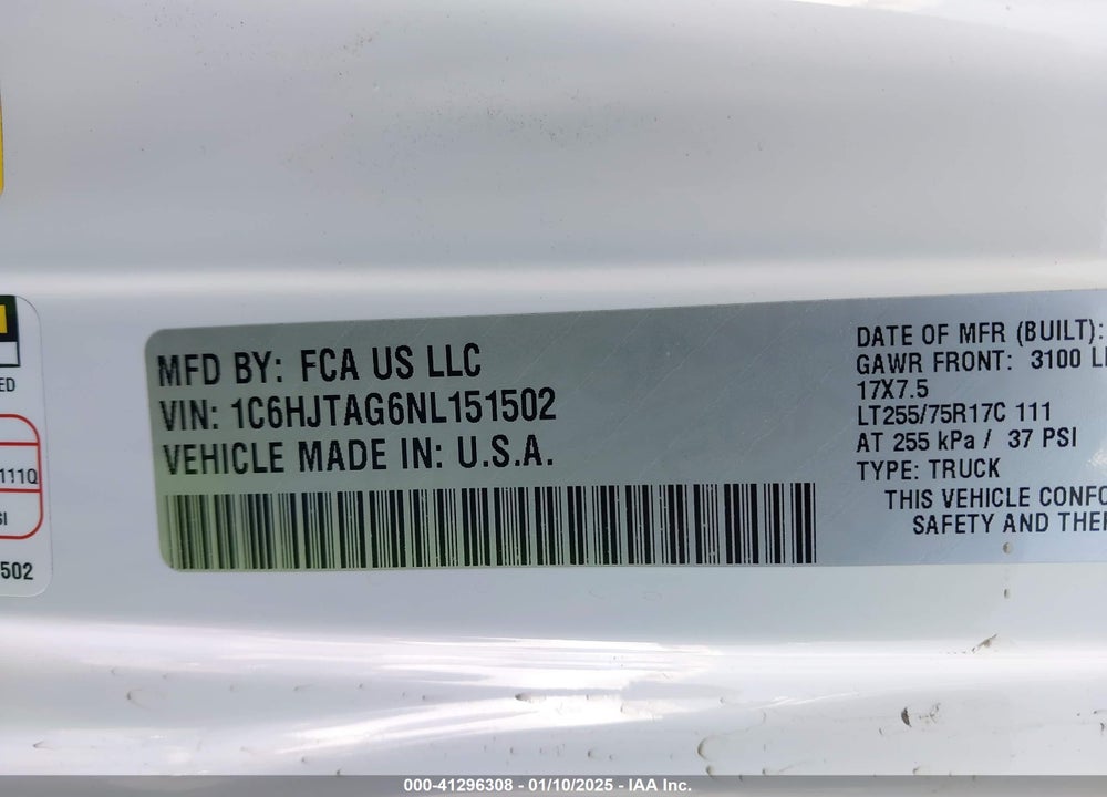 2022 JEEP GLADIATOR VIN: 1C6HJTAG6NL151502