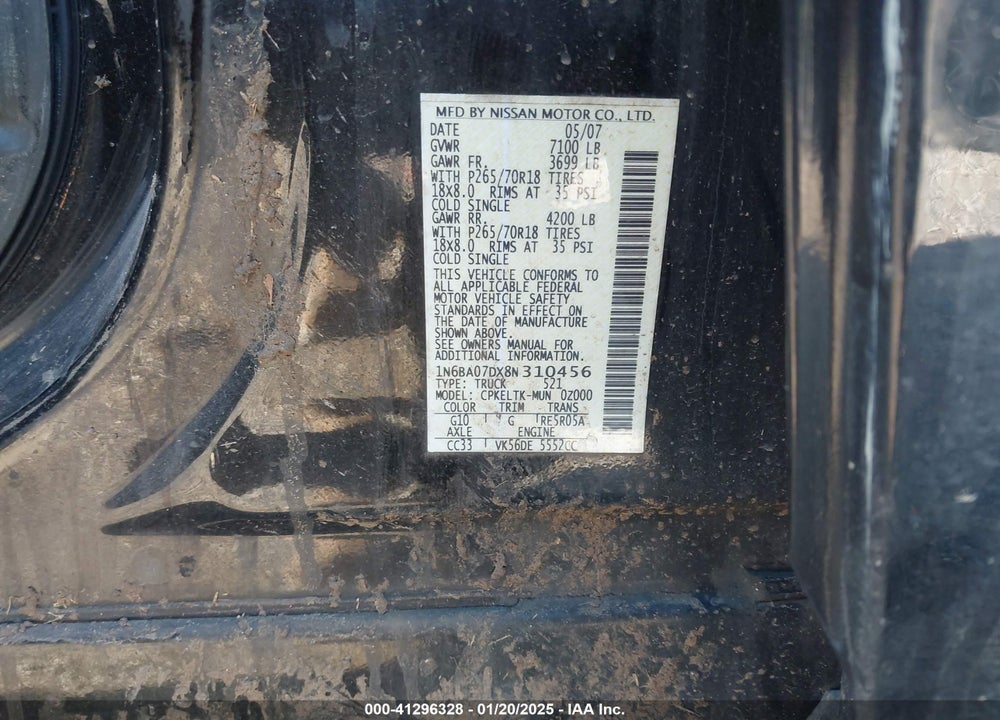 2008 NISSAN TITAN VIN: 1N6BA07DX8N310456