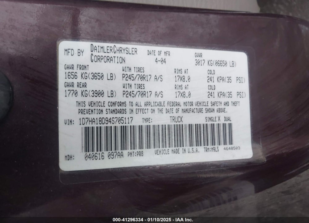 2004 DODGE RAM 1500 SLT/LARAMIE VIN: 1D7HA18D94S705117