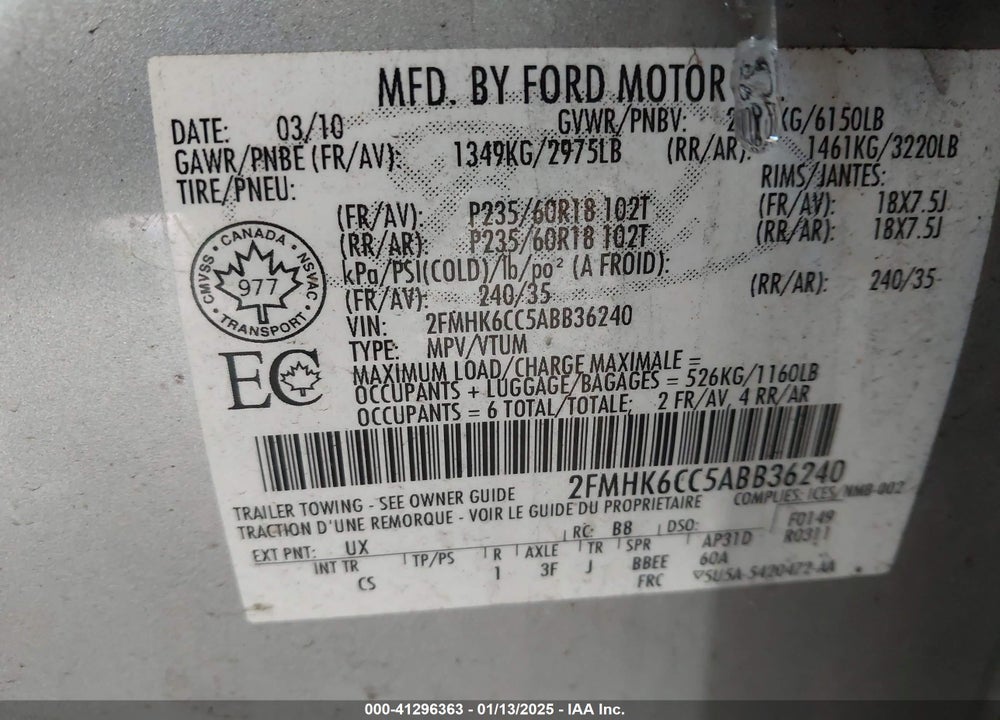 2010 FORD FLEX SEL VIN: 2FMHK6CC5ABB36240