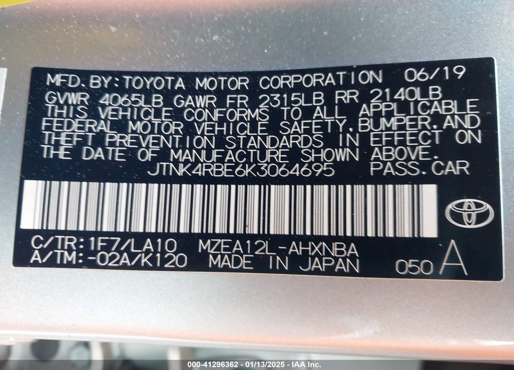 2019 TOYOTA COROLLA VIN: JTNK4RBE6K3064695