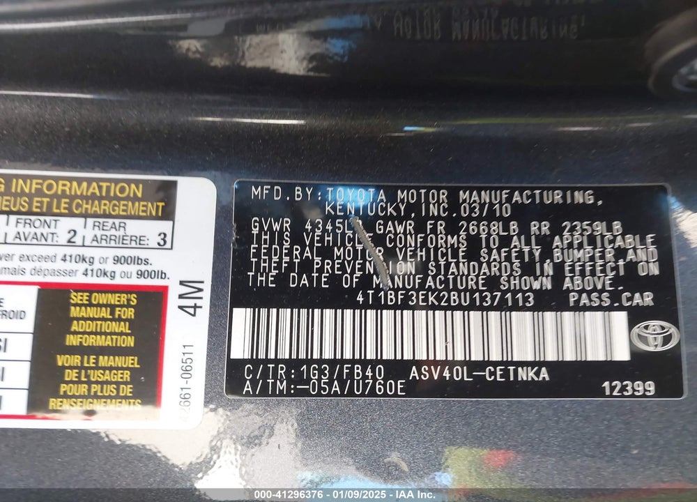 2011 TOYOTA CAMRY VIN: 4T1BF3EK2BU137113