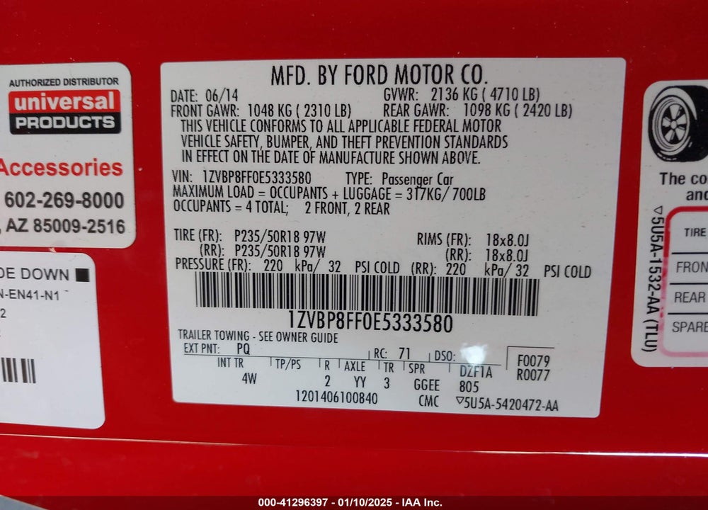2014 FORD MUSTANG VIN: 1ZVBP8FF0E5333580
