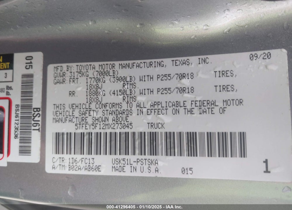2021 TOYOTA TUNDRA VIN: 5TFEY5F12MX273045