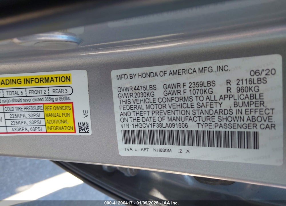 2020 HONDA ACCORD VIN: 1HGCV1F38LA091606