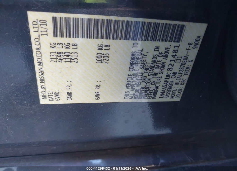 2011 NISSAN MAXIMA VIN: 1N4AA5AP1BC821481