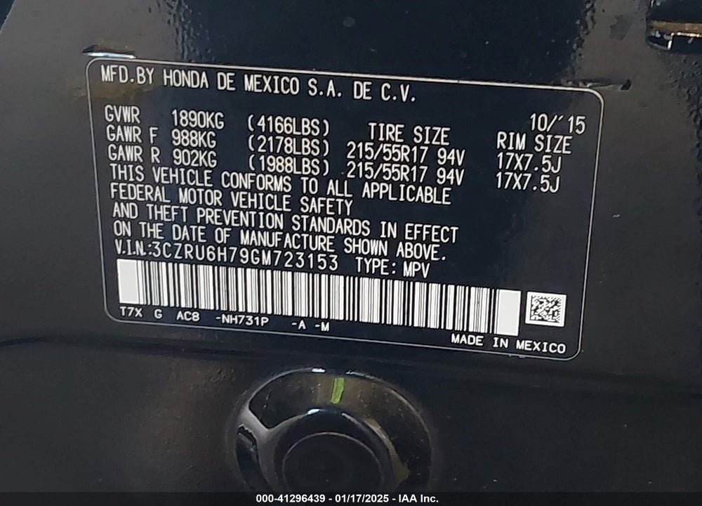 2016 HONDA HR-V EX-L VIN: 3CZRU6H79GM723153