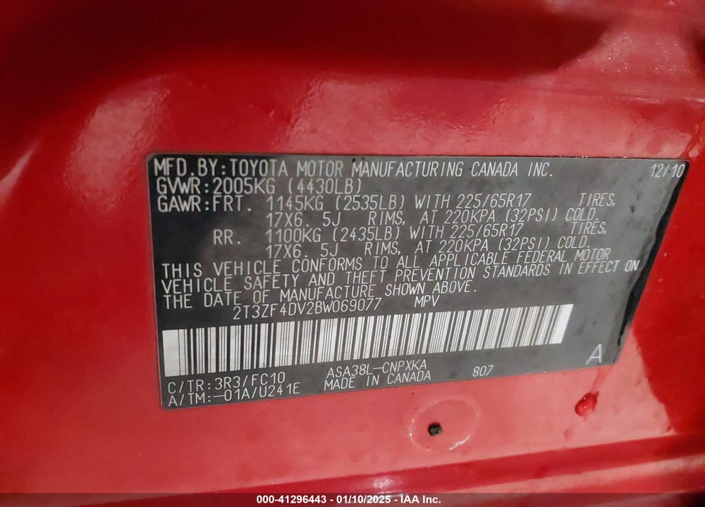 2011 TOYOTA RAV4 VIN: 2T3ZF4DV2BW069077