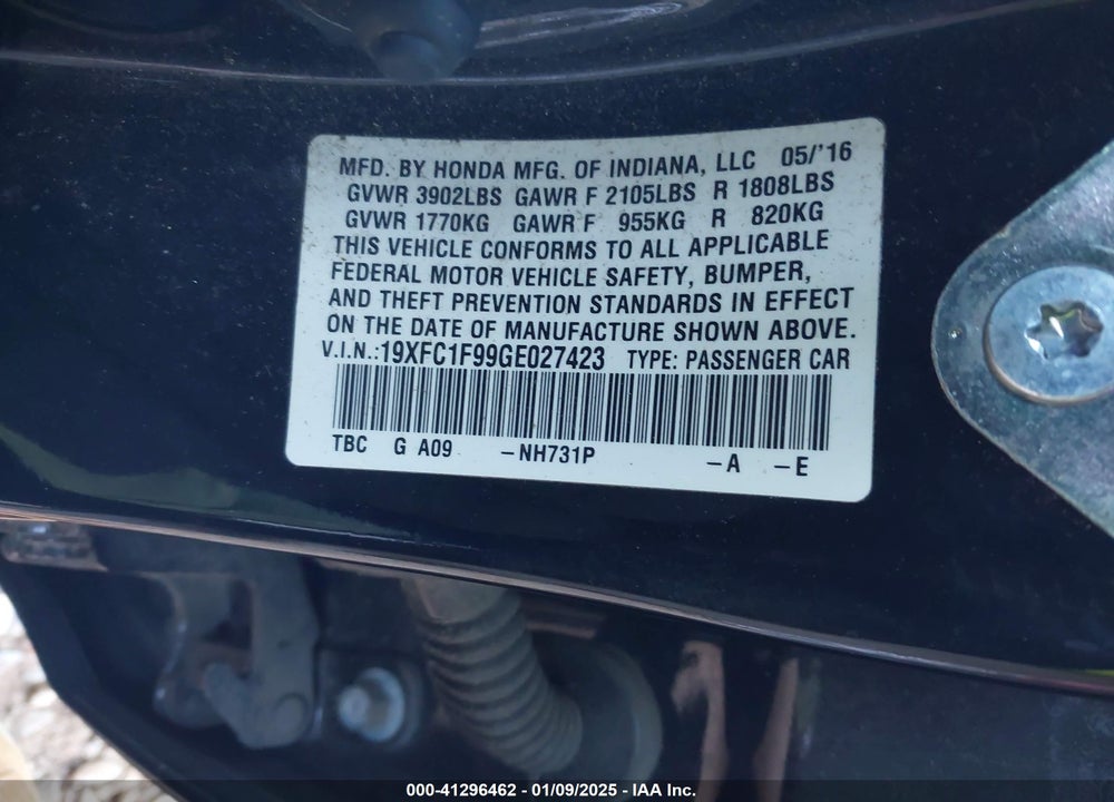 2016 HONDA CIVIC VIN: 19XFC1F99GE027423
