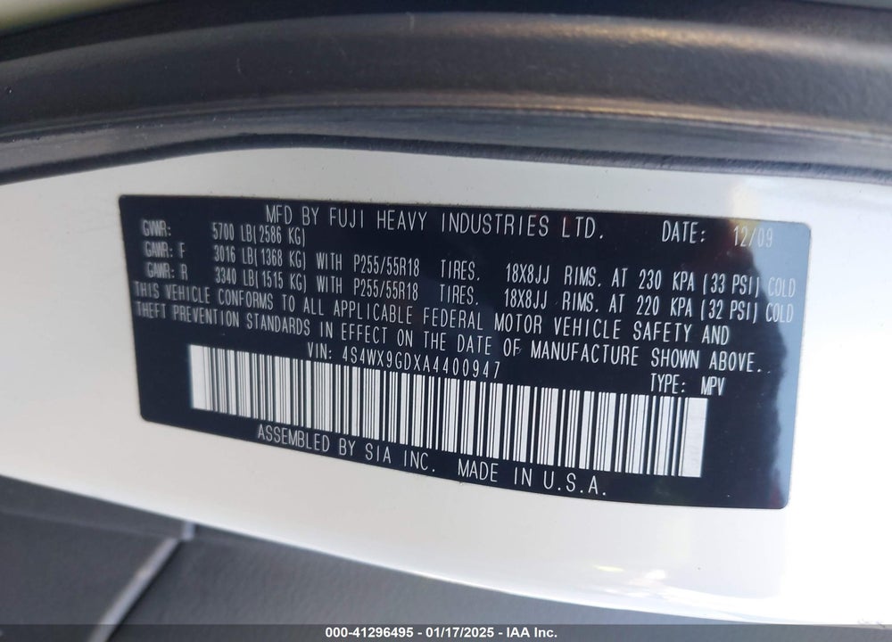 2010 SUBARU TRIBECA VIN: 4S4WX9GDXA4400947