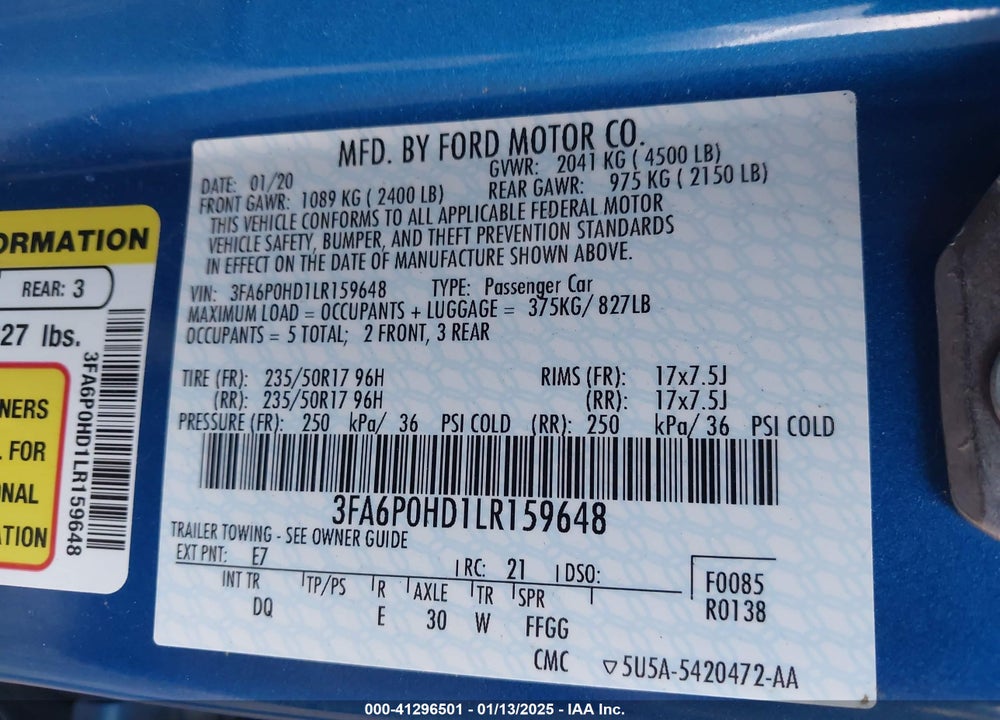 2020 FORD FUSION VIN: 3FA6P0HD1LR159648