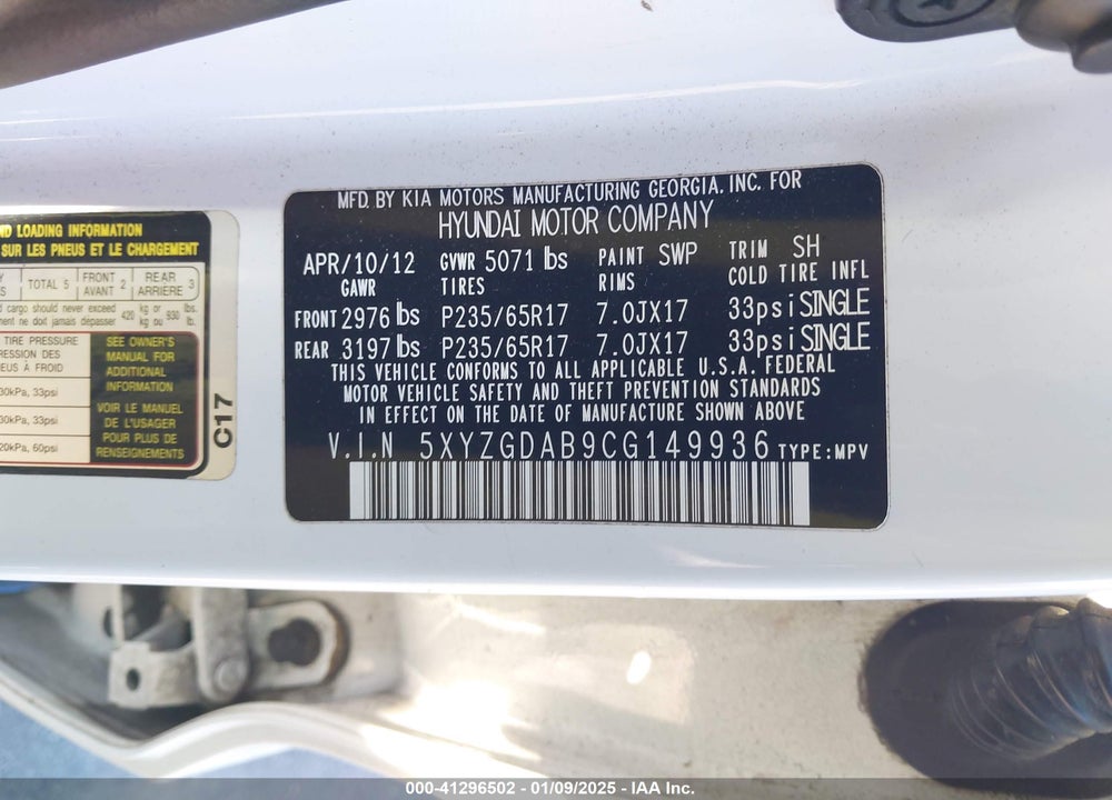 2012 HYUNDAI SANTA FE GLS VIN: 5XYZGDAB9CG149936