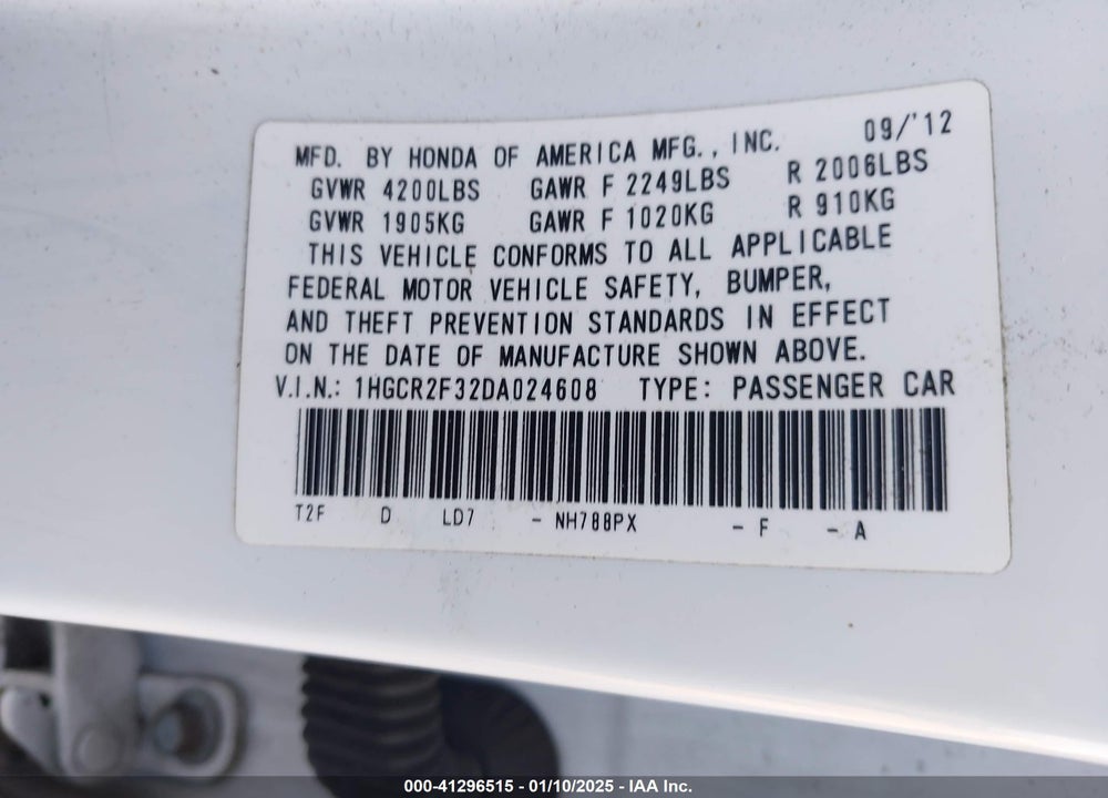 2013 HONDA ACCORD LX VIN: 1HGCR2F32DA024608
