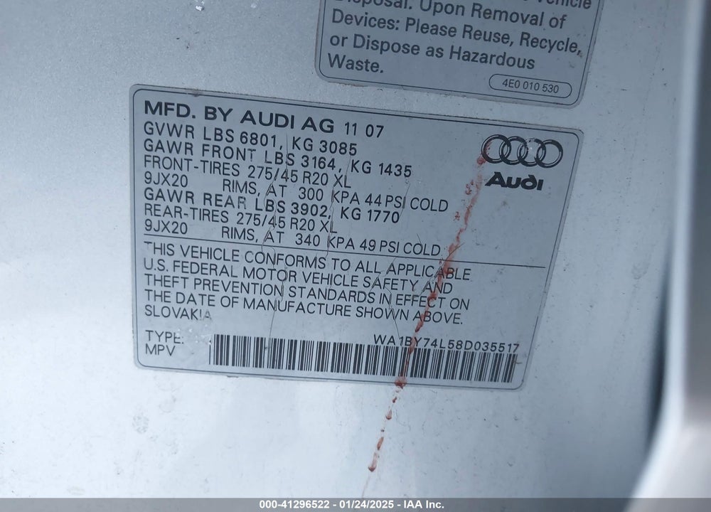 2008 AUDI Q7 3.6 PREMIUM VIN: WA1BY74L58D035517