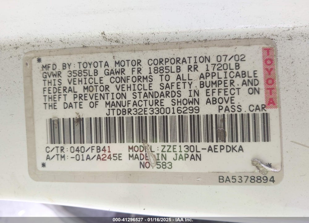 2003 TOYOTA COROLLA VIN: JTDBR2E330016299