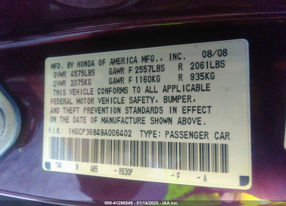 2009 HONDA ACCORD VIN: 1HGCP36849A006402