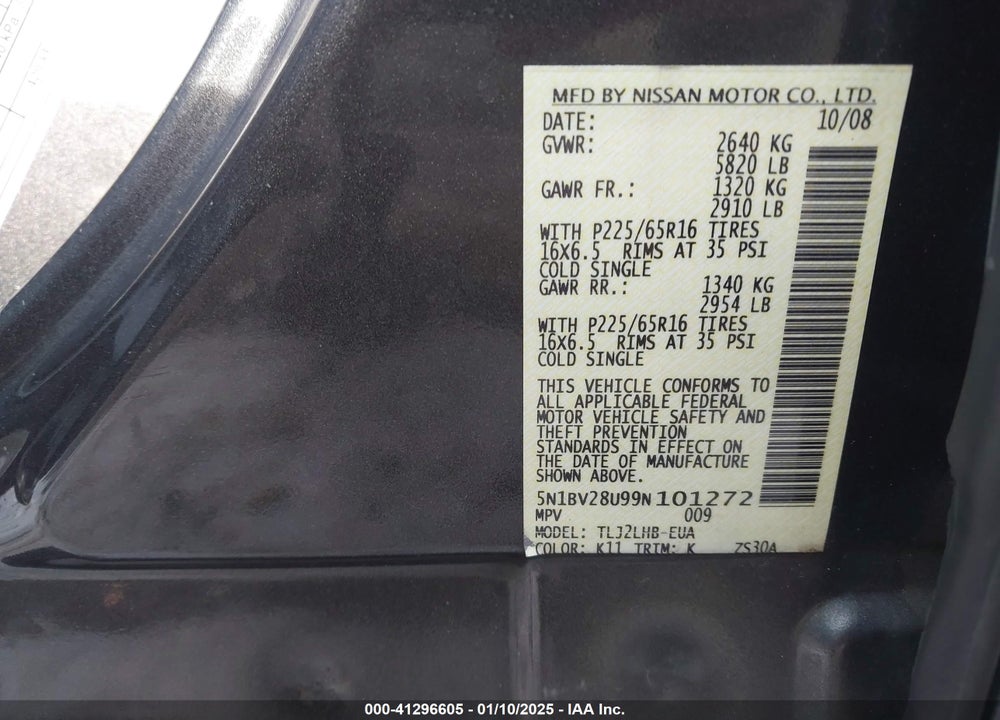 2009 NISSAN QUEST 3.5 S VIN: 5N1BV28U99N101272