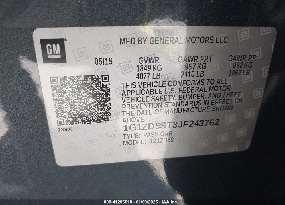 2018 CHEVROLET MALIBU VIN: 1G1ZD5ST3JF243762