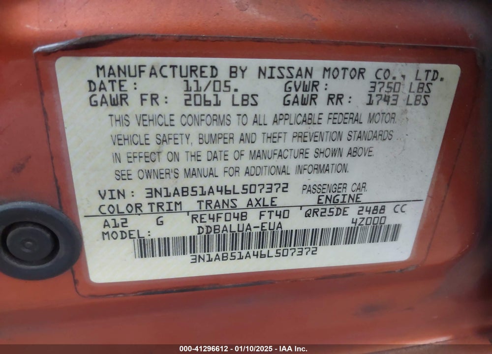 2006 NISSAN SENTRA VIN: 3N1AB51A46L507372