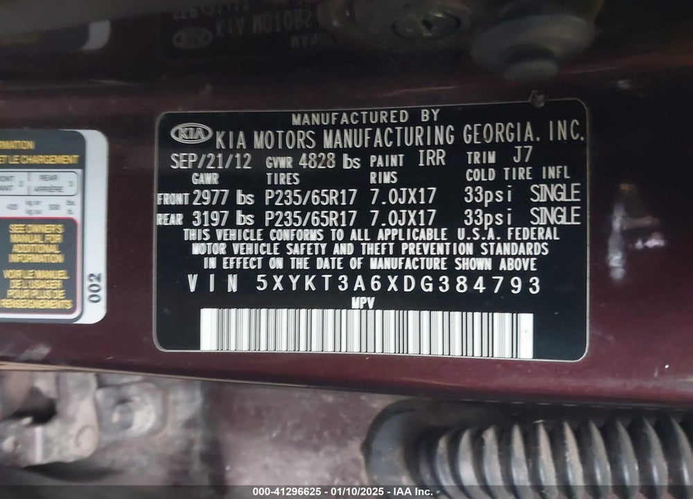 2013 KIA SORENTO LX VIN: 5XYKT3A6XDG384793