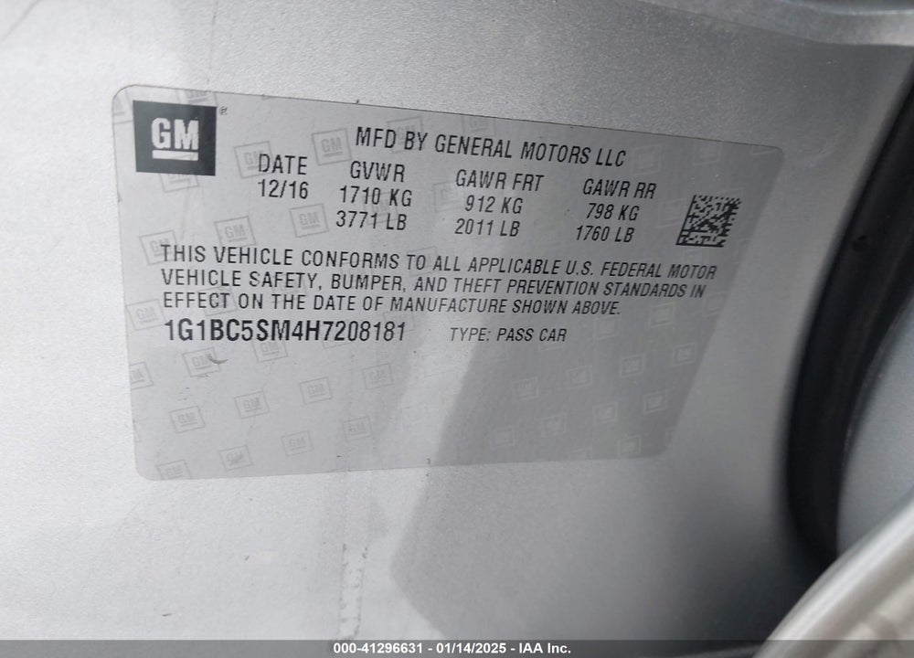 2017 CHEVROLET CRUZE VIN: 1G1BC5SM4H7208181