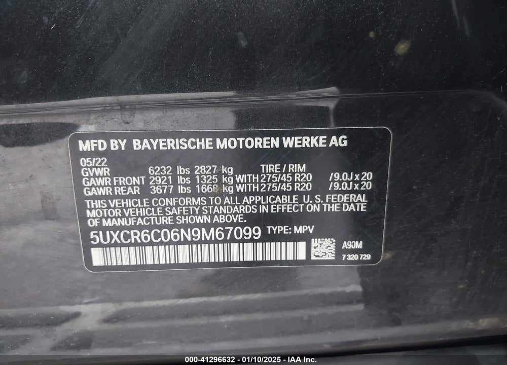 2022 BMW X5 XDRIVE40I VIN: 5UXCR6C06N9M67099