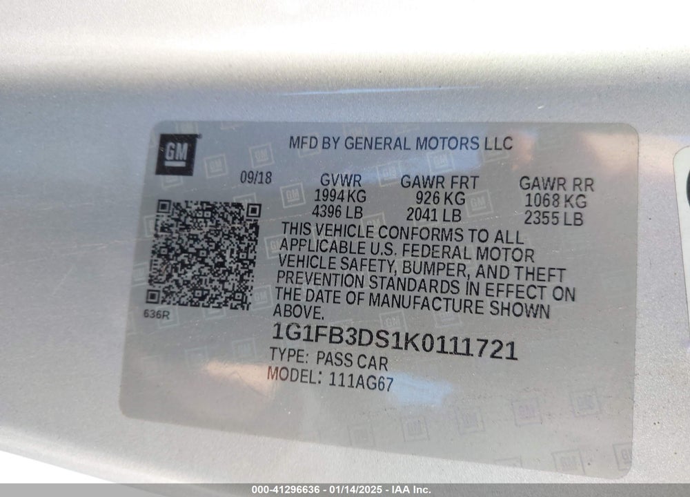 2019 CHEVROLET CAMARO 1LT VIN: 1G1FB3DS1K0111721
