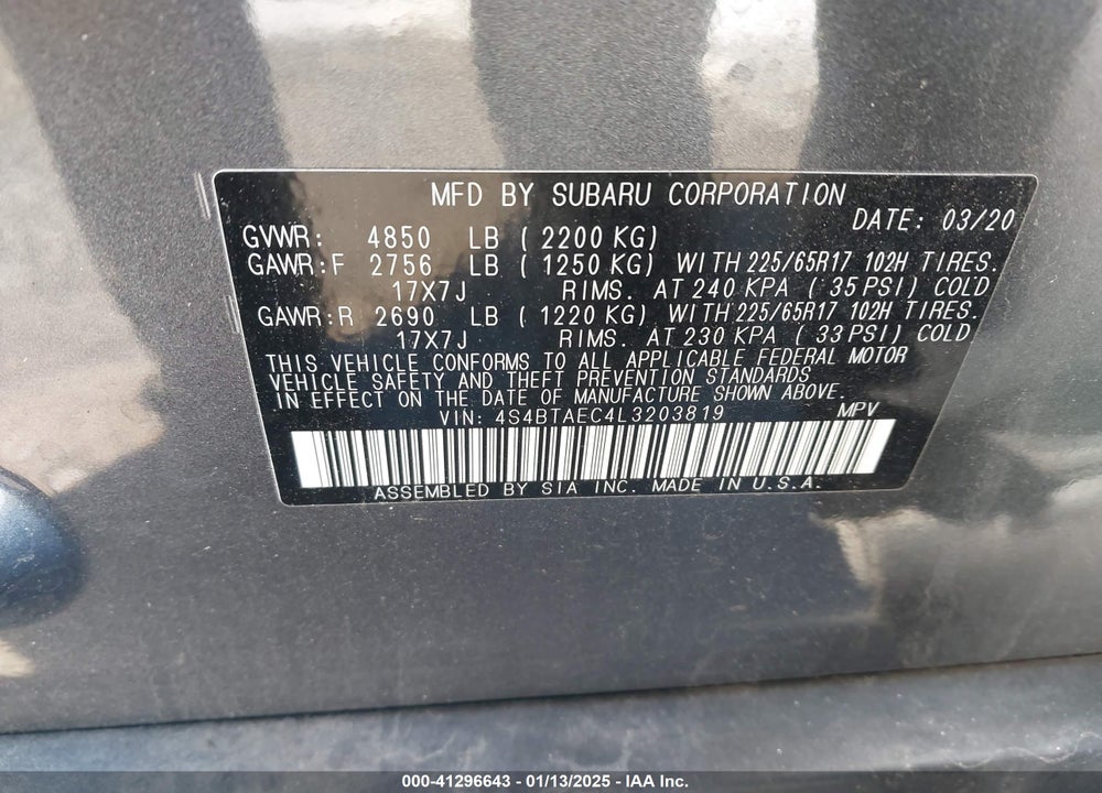 2020 SUBARU OUTBACK PREMIUM VIN: 4S4BTAEC4L3203819