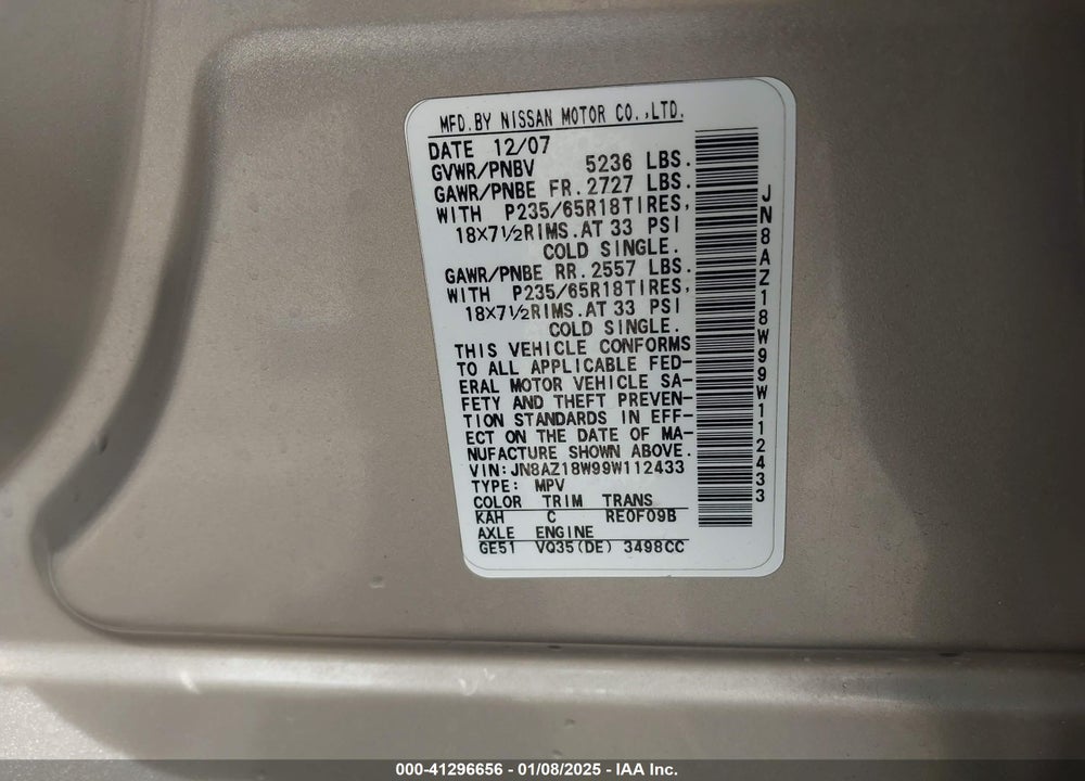 2009 NISSAN MURANO SL VIN: JN8AZ18W99W112433