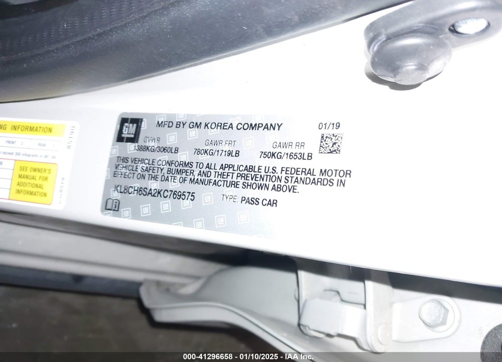 2019 CHEVROLET SPARK VIN: KL8CH6SA2KC769575