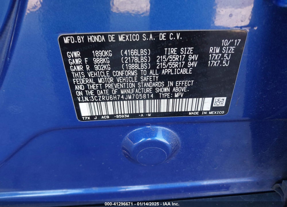 2018 HONDA HR-V EX-L VIN: 3CZRU6H74JM705814