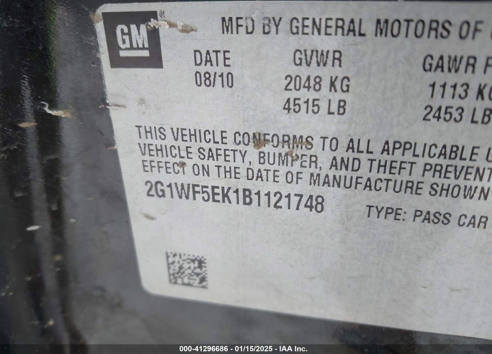 2011 CHEVROLET IMPALA LS VIN: 2G1WF5EK1B1121748