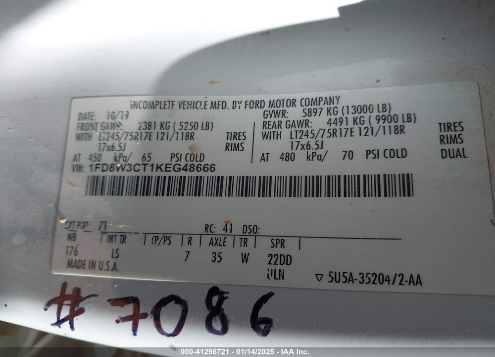 2019 FORD F-350 XL VIN: 1FD8W3CT1KEG48666