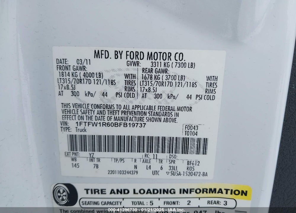 2011 FORD F-150 VIN: 1FTFW1R60BFB19737