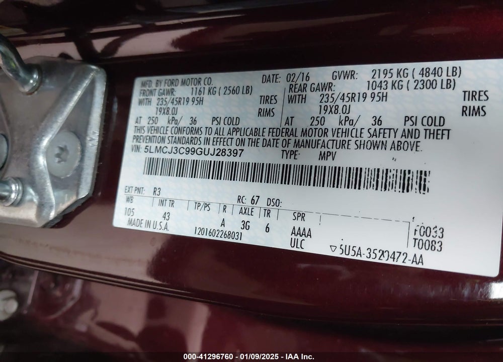2016 LINCOLN MKC RESERVE VIN: 5LMCJ3C99GUJ28397