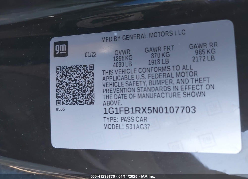 2022 CHEVROLET CAMARO RWD 1LT VIN: 1G1FB1RX5N0107703