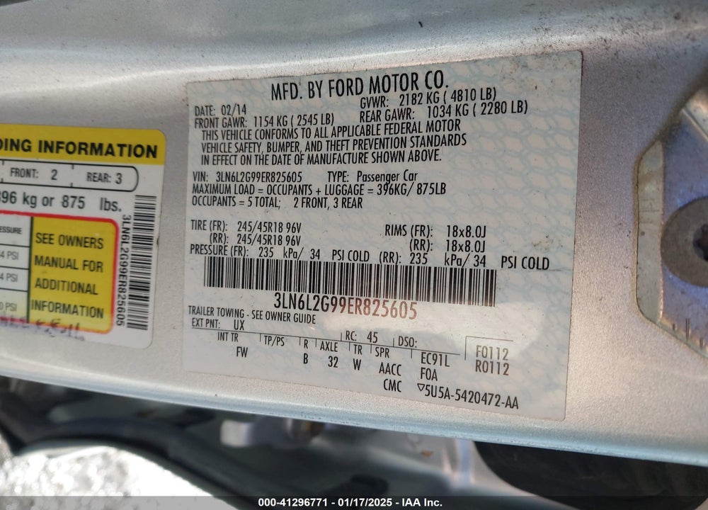 2014 LINCOLN MKZ VIN: 3LN6L2G99ER825605
