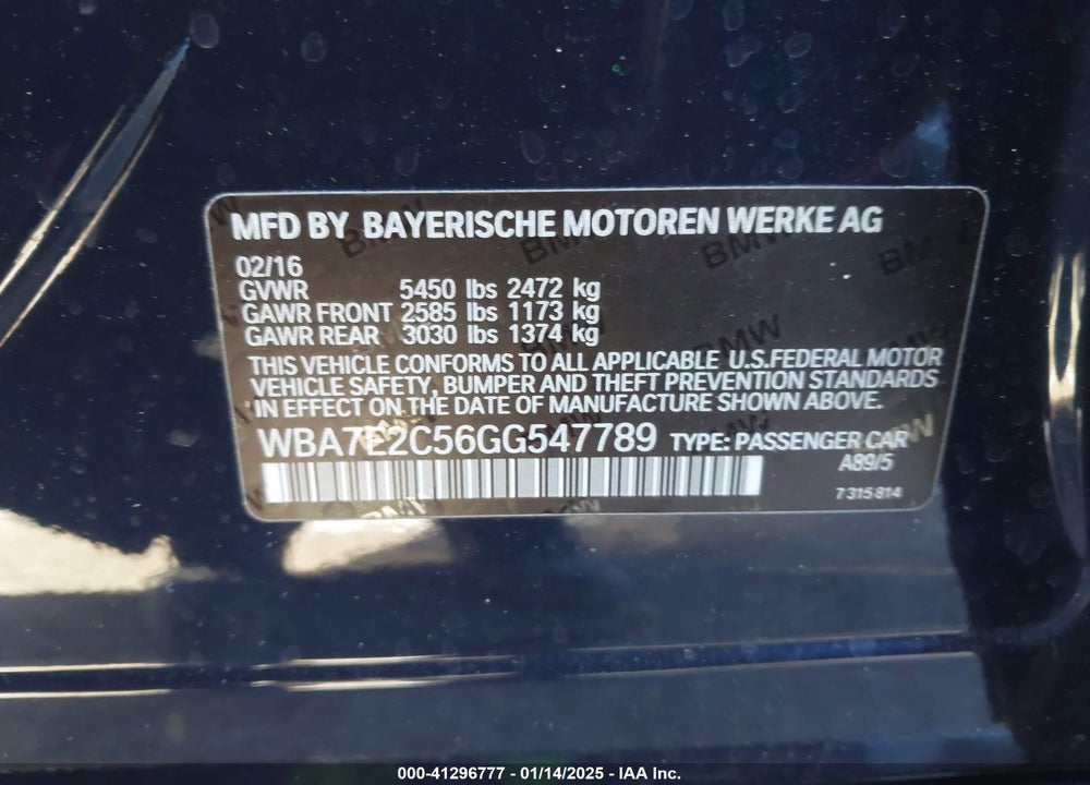 2016 BMW 740I VIN: WBA7E2C56GG547789