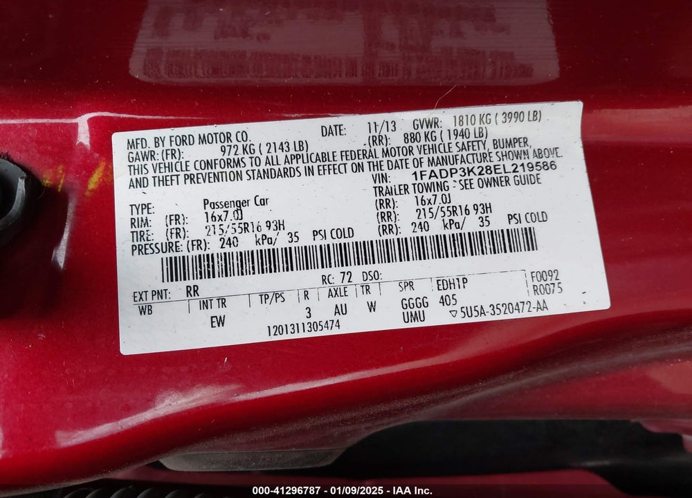 2014 FORD FOCUS VIN: 1FADP3K28EL219586