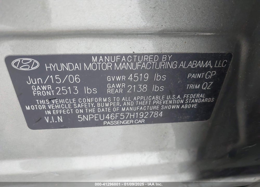 2007 HYUNDAI SONATA LIMITED/SE V6 VIN: 5NPEU46F57H192784