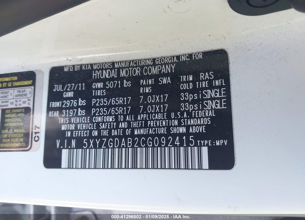 2012 HYUNDAI SANTA FE GLS VIN: 5XYZGDAB2CG092415