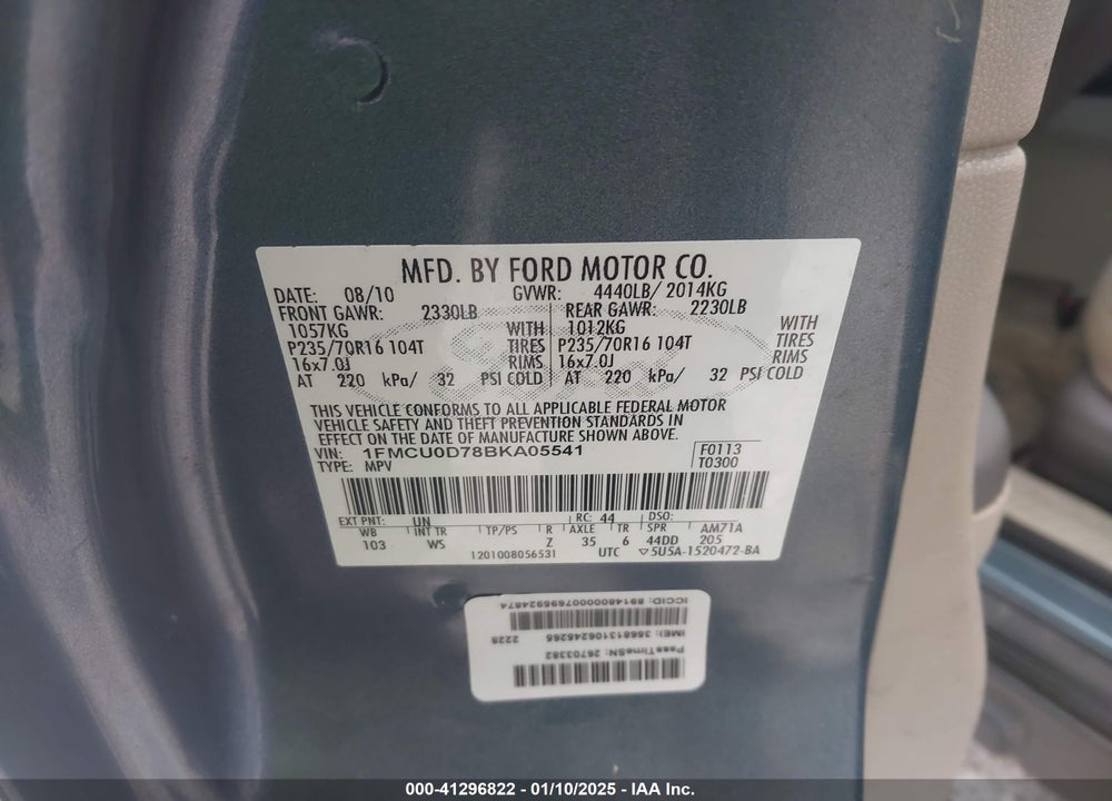 2011 FORD ESCAPE XLT VIN: 1FMCU0D78BKA05541