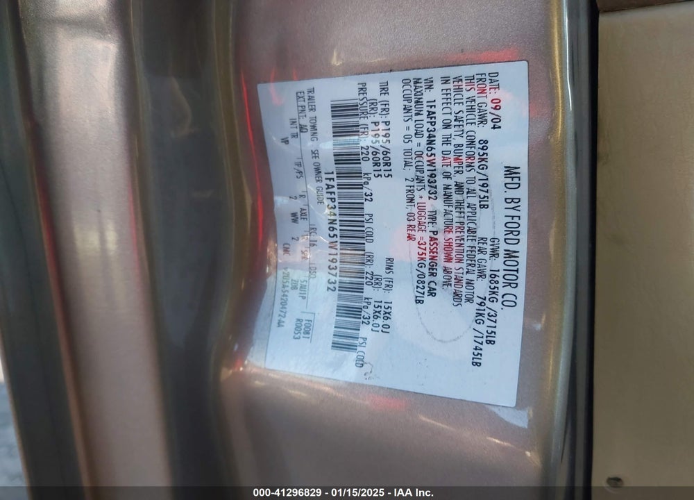 2005 FORD FOCUS ZX4 VIN: 1FAFP34N65W193732