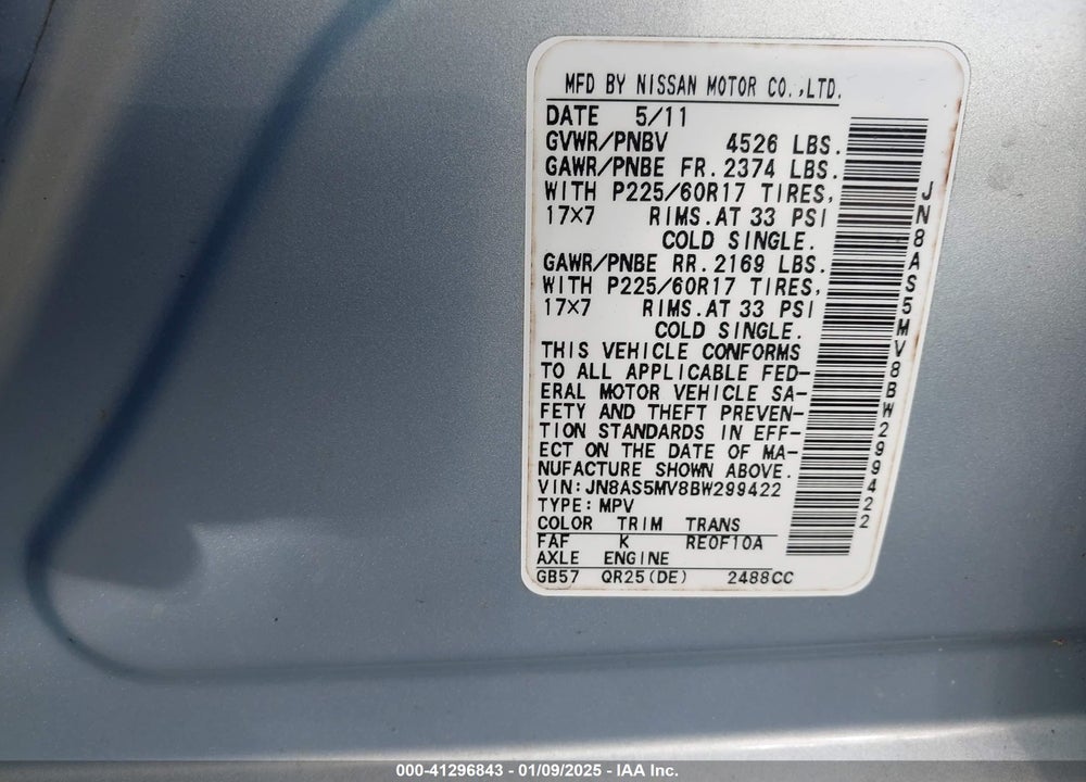 2011 NISSAN ROGUE SV VIN: JN8AS5MV8BW299422