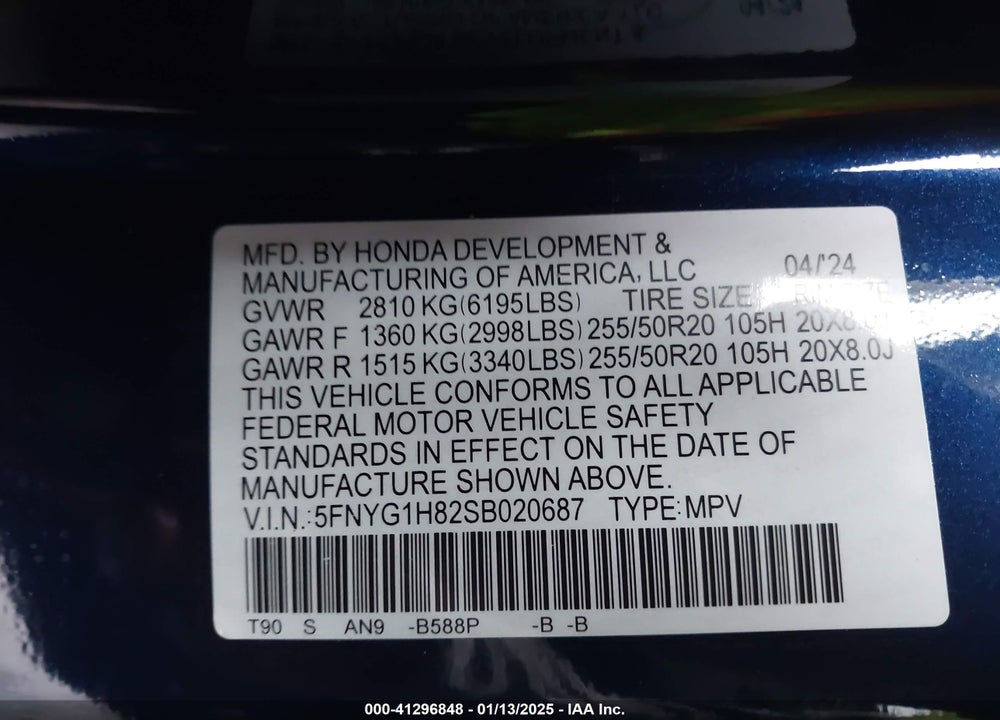 2025 HONDA PILOT ELITE VIN: 5FNYG1H82SB020687