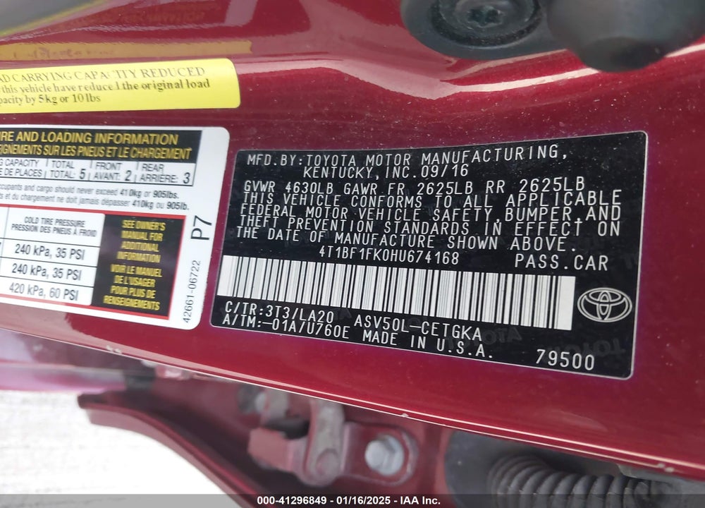 2017 TOYOTA CAMRY XLE VIN: 4T1BF1FK0HU674168